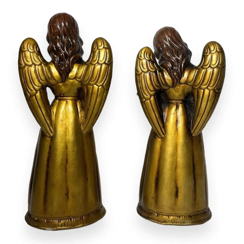 Brinns Christmas Angel Pair Figurine Choir Harp Violin Music Antique Gold Patina